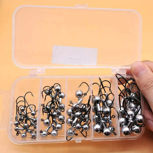 50pcs/box Mix 1.5g 3.5g 5g 7g 10g Jig Lead Head Fishing Hooks Set Jighead Fishhooks Jigging Hook Unpainted Soft Worm Circle Hook