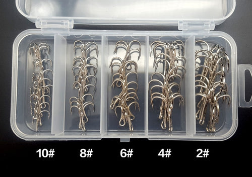 50pcs/lot Treble Fishing Hook In box High Carbon Steel Barbed Hooks Fishing Tackle Black/Silver Fish Hook DG04