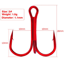 Load image into Gallery viewer, 10Pcs/lot Three Hook Red Nickel Color Fishhook 2/4/8/10# Fishing Hook High Carbon Steel Treble Hooks Fishing tackle