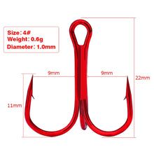 Load image into Gallery viewer, 10Pcs/lot Three Hook Red Nickel Color Fishhook 2/4/8/10# Fishing Hook High Carbon Steel Treble Hooks Fishing tackle