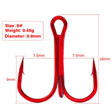 Load image into Gallery viewer, 10Pcs/lot Three Hook Red Nickel Color Fishhook 2/4/8/10# Fishing Hook High Carbon Steel Treble Hooks Fishing tackle