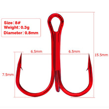 Load image into Gallery viewer, 10Pcs/lot Three Hook Red Nickel Color Fishhook 2/4/8/10# Fishing Hook High Carbon Steel Treble Hooks Fishing tackle