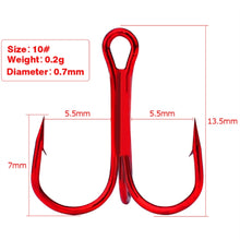 Load image into Gallery viewer, 10Pcs/lot Three Hook Red Nickel Color Fishhook 2/4/8/10# Fishing Hook High Carbon Steel Treble Hooks Fishing tackle