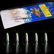 Load image into Gallery viewer, JYJ 5Pcs/Set Carbon Steel Mackerel Feathers Bass Cod Lure Sea Fishing Luminous Fishing sabiki Hook Treble Bait Fishing Wire