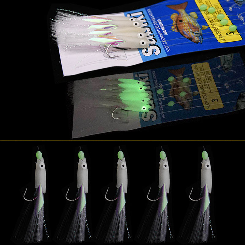 JYJ 5Pcs/Set Carbon Steel Mackerel Feathers Bass Cod Lure Sea Fishing Luminous Fishing sabiki Hook Treble Bait Fishing Wire