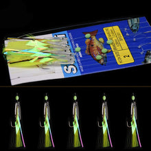 Load image into Gallery viewer, JYJ 5Pcs/Set Carbon Steel Mackerel Feathers Bass Cod Lure Sea Fishing Luminous Fishing sabiki Hook Treble Bait Fishing Wire