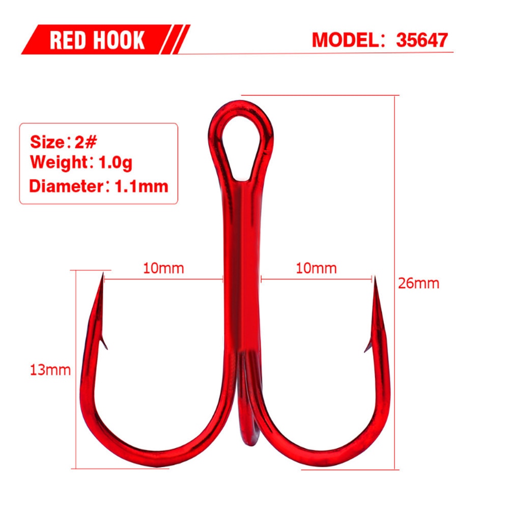 20pcs/lot Red 2/4/6/8/10# Fishing Hooks High Carbon Steel Treble Hook Round Bent Treble For Saltwater Bass Fishing Tackle Pesca