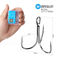 Load image into Gallery viewer, DONQL 20pcs/ Set Treble Fishing Hooks Carbon Steel Barbed Fishhooks Super Sharp Triple Hooks Sea Tackle Accessories with Box