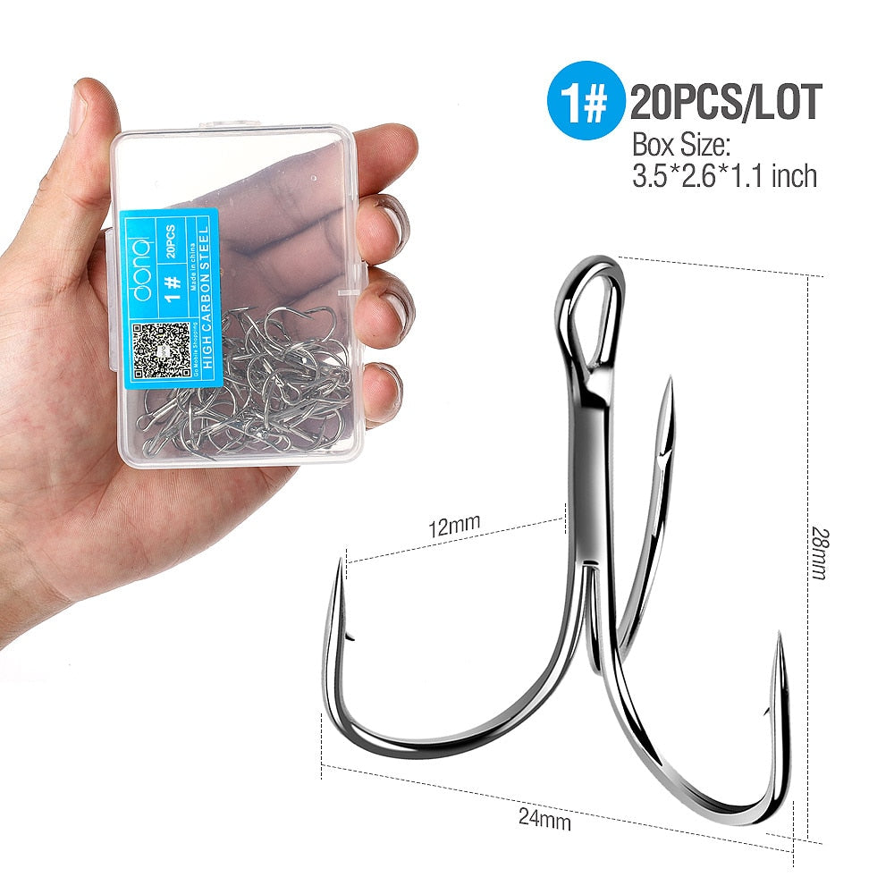 DONQL 20pcs/ Set Treble Fishing Hooks Carbon Steel Barbed Fishhooks Super Sharp Triple Hooks Sea Tackle Accessories with Box