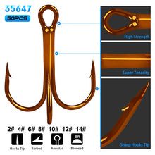 Load image into Gallery viewer, 50Pcs/lot  Fishing Treble Hook Size 2/4/6/8/10/12/14 High Carbon Steel Sharp Barbed Black/Brown/White