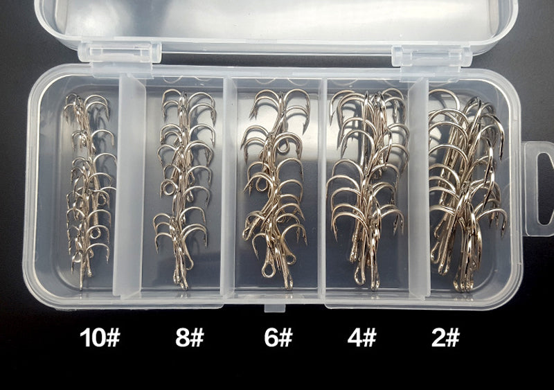 50pcs/lot Treble Fishing Hook In box High Carbon Steel Barbed Hooks Fishing Tackle Black/Silver Fish Hook DG04